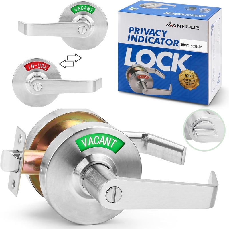 ANNFUZ Vacant Occupied Privacy Bathroom Door Handle Lock,Bathroom Lever Lock with Large Indicator in-Use Sign,ANSI Grade 2 Commercial Door Handle,for Public Restrooms Office Hospital (Brushed Nickel) - Image 1